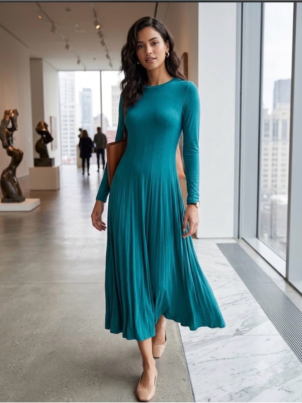 Peruvian Connection Teal Long-Sleeve Midi Dress